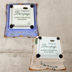 Set 2 Peggy Turchette Silvestri Decoupage Square Ceramic Bowls‎ Bee Butterfly